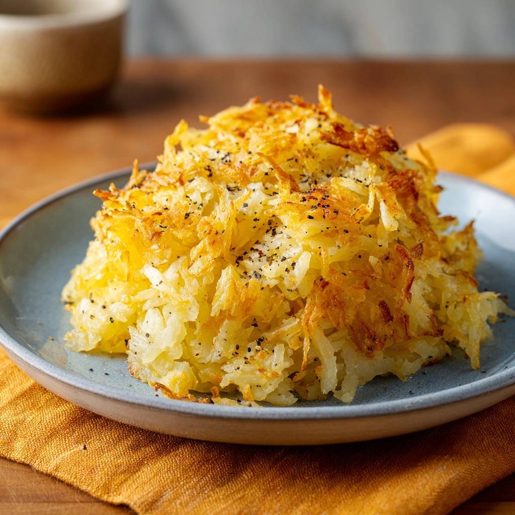 Crispy hash browns plated in a close-up view, seasoned with black pepper for a satisfying texture.