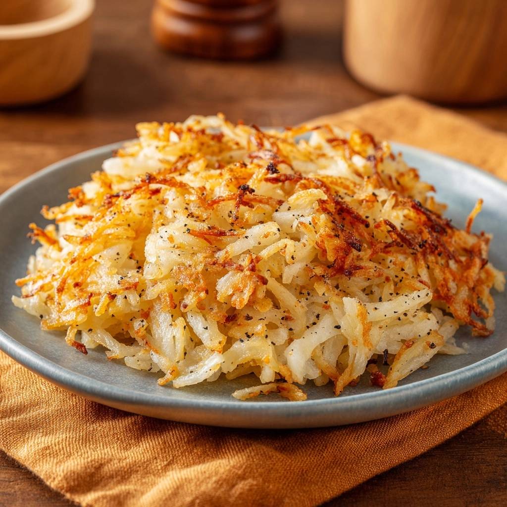 Crispy hash browns plated and seasoned with black pepper, shown in a close-up view.