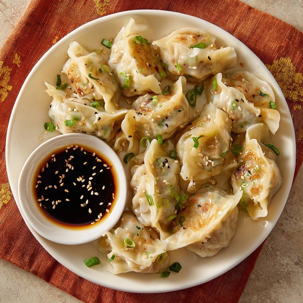 Crispy pan-fried scallion dumplings arranged on a plate with a side of dipping sauce, viewed from directly above.