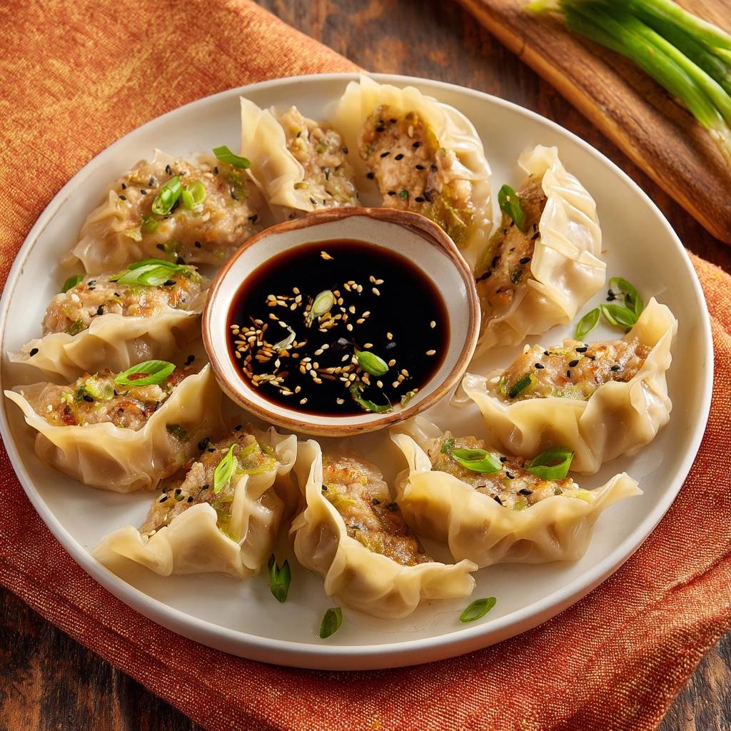 Crispy pan-fried scallion dumplings plated with a dipping sauce and garnished with scallions and sesame seeds.