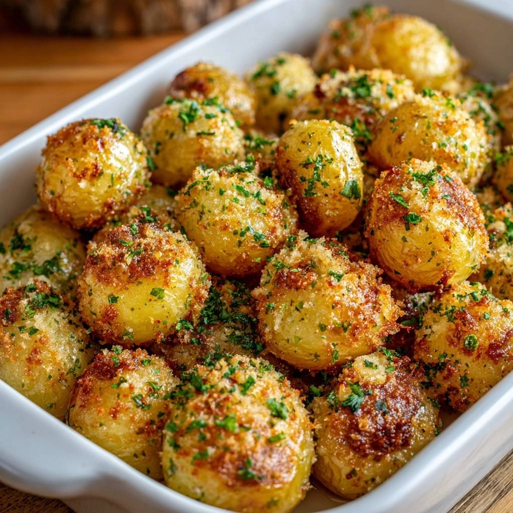 Crispy Parmesan Baby Potatoes are shown close-up in a white baking dish, sprinkled with fresh parsley.
