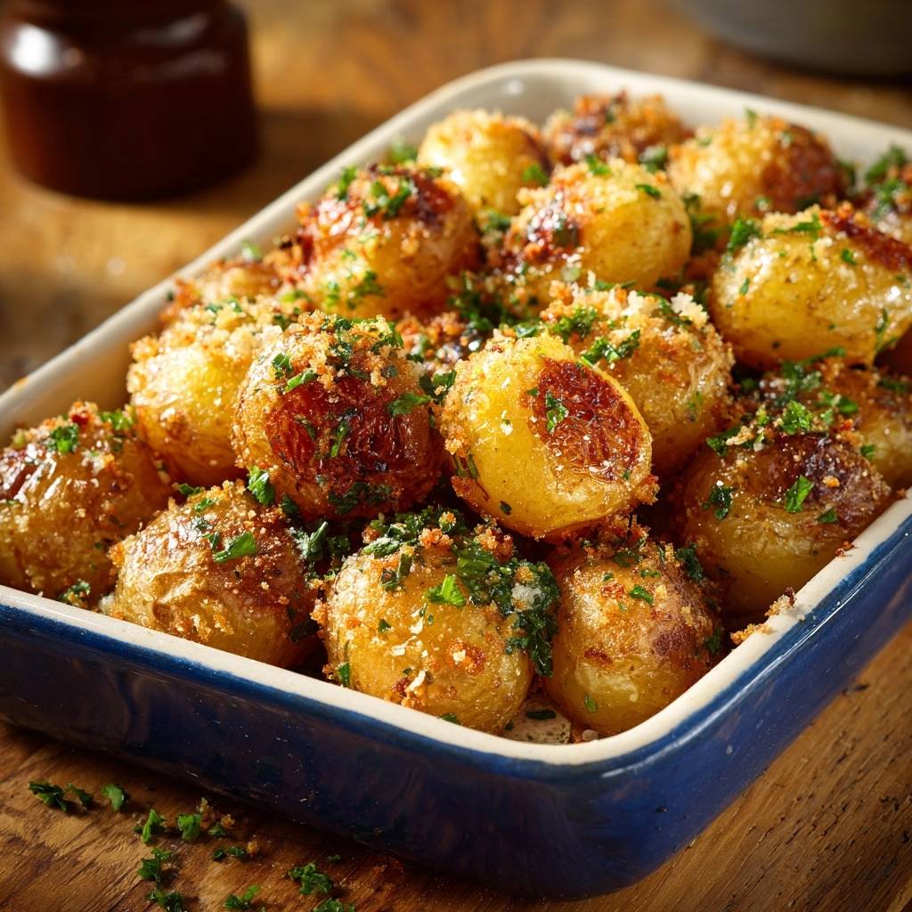 Crispy Parmesan Baby Potatoes are shown in a blue dish, generously sprinkled with chopped fresh parsley and breadcrumbs.