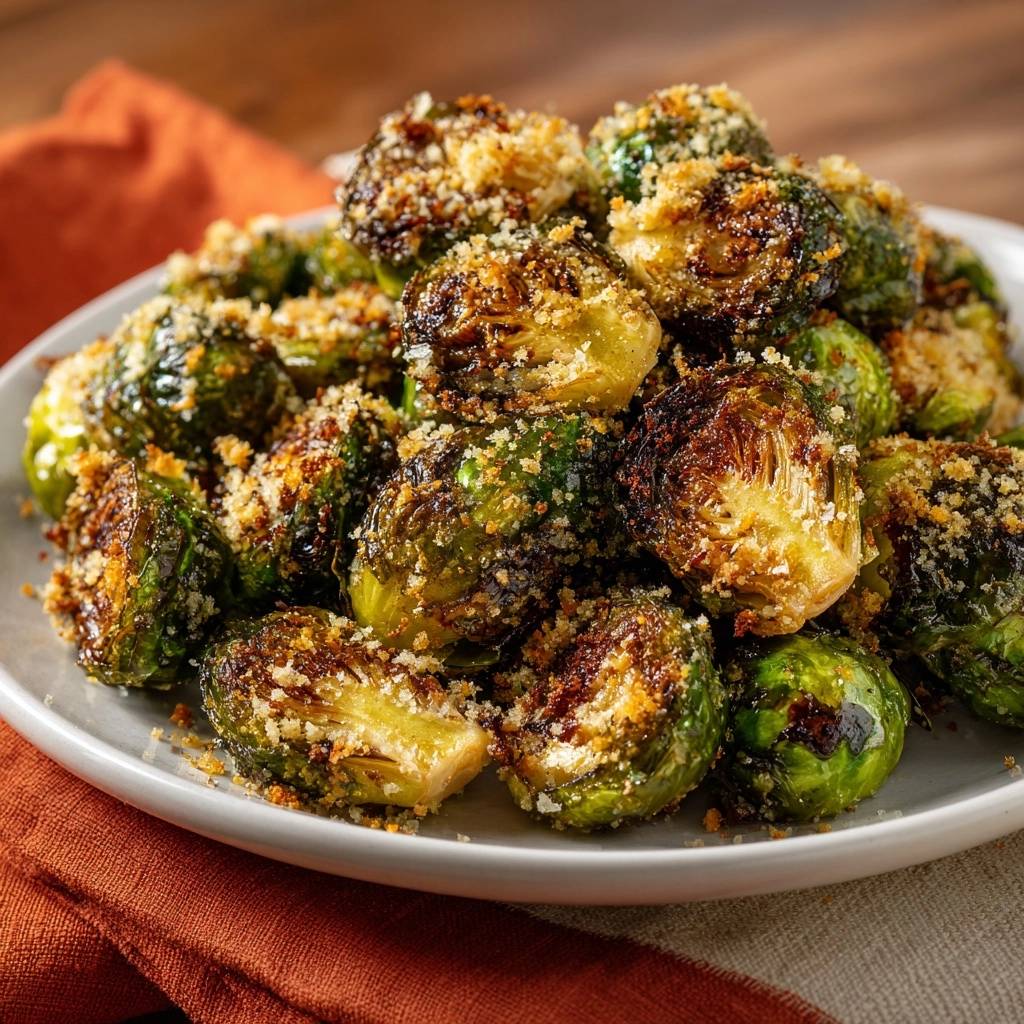 Crispy Parmesan Brussels Sprouts close-up, showing their roasted texture and breadcrumb topping.
