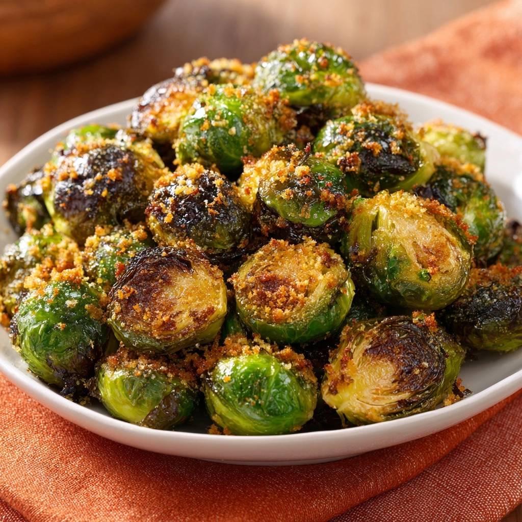 Crispy Parmesan Brussels Sprouts with a visible breadcrumb and herb topping, presented on a white plate.