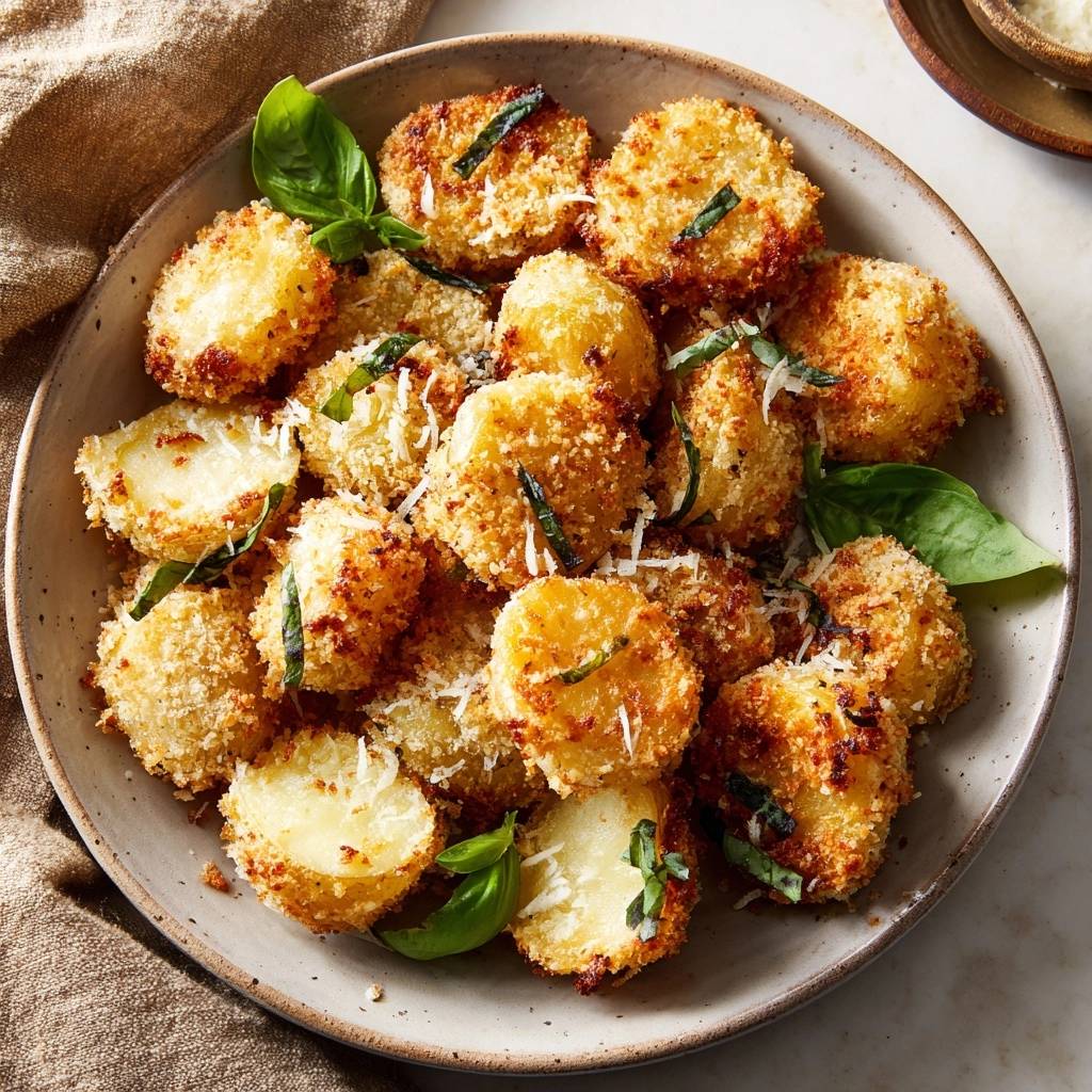 Crispy Parmesan Roasted Potatoes with the Anti-Soggy Method served in a bowl, garnished with basil and cheese.