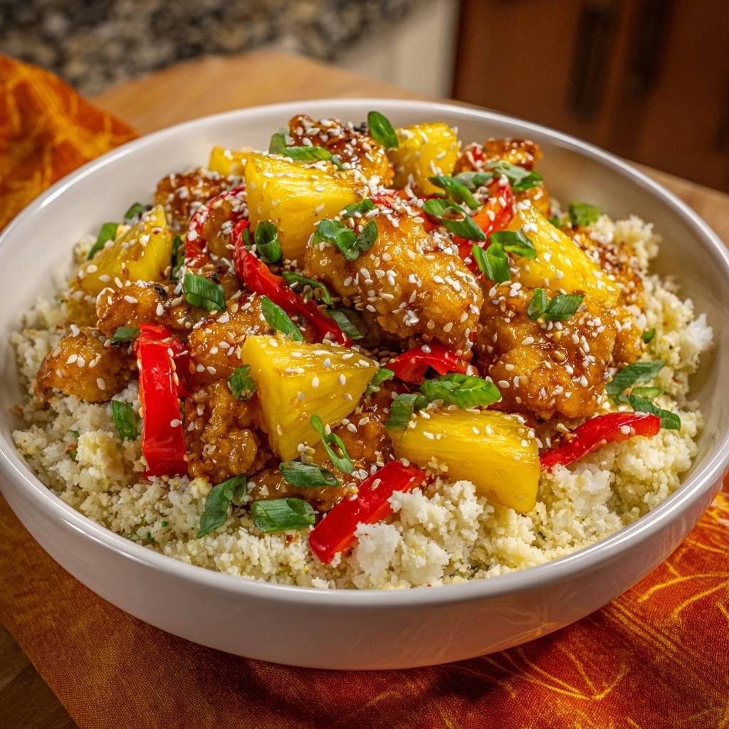 Crispy pineapple chicken with stay-crunchy batter served over cauliflower rice, garnished with sesame seeds and scallions.