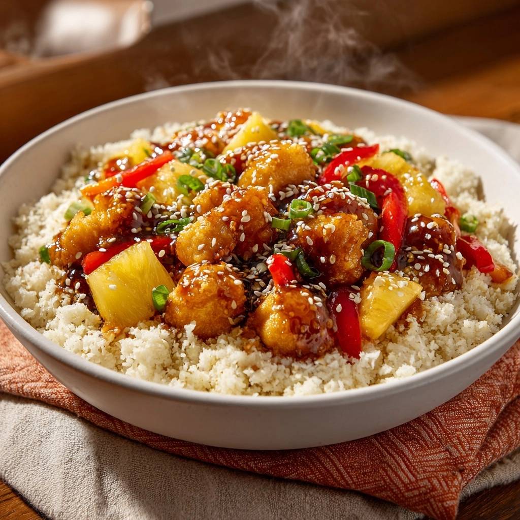 Crispy pineapple chicken served in a steaming bowl over cauliflower rice, garnished with sesame seeds and green onions.