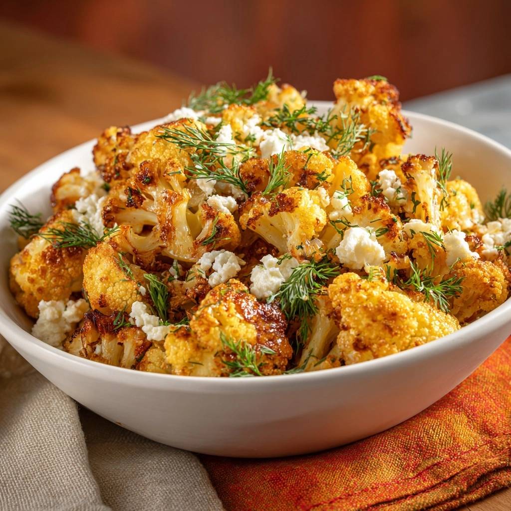 Crispy roasted cauliflower with dill and feta in a white bowl, showcasing the fresh dill garnish and crumbled feta cheese.