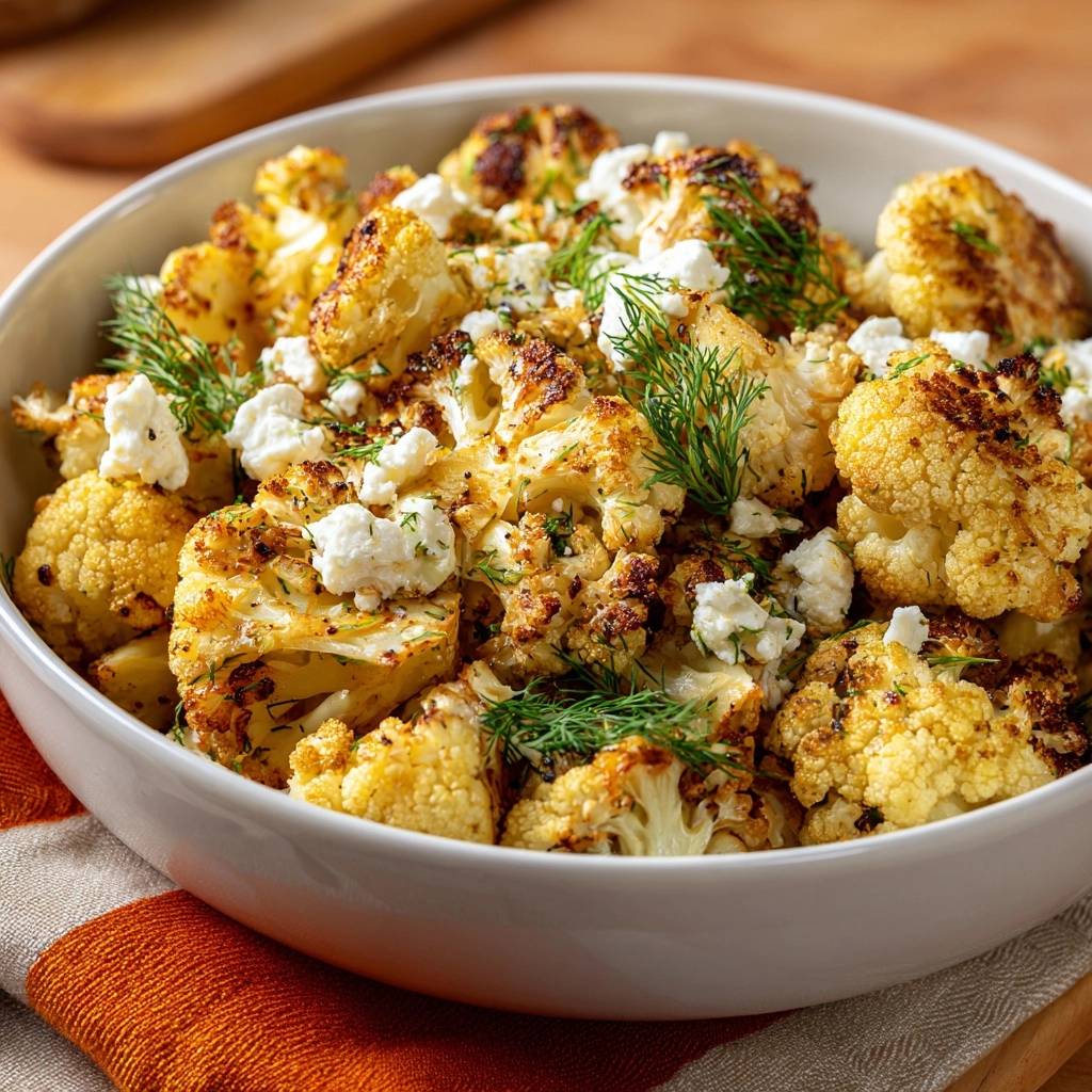 Crispy roasted cauliflower with dill and feta in a white bowl, showing a close-up of the texture and toppings.