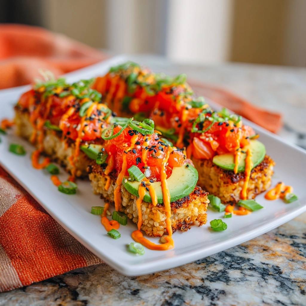 Crispy salmon rice bites plated on a white dish, showing a close-up side view with fresh avocado and spicy mayo drizzle.