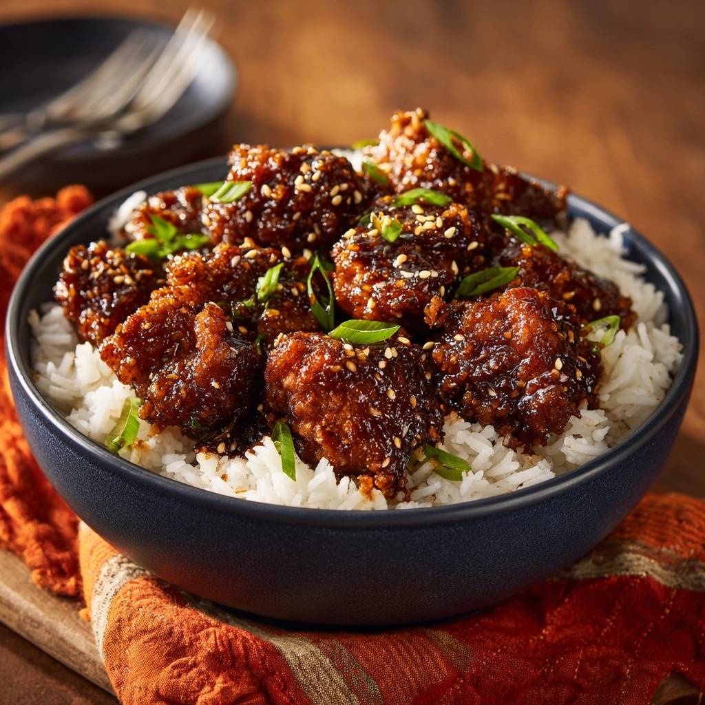 Crispy sesame chicken bowls with a close-up view of the glazed chicken and green onion garnish.