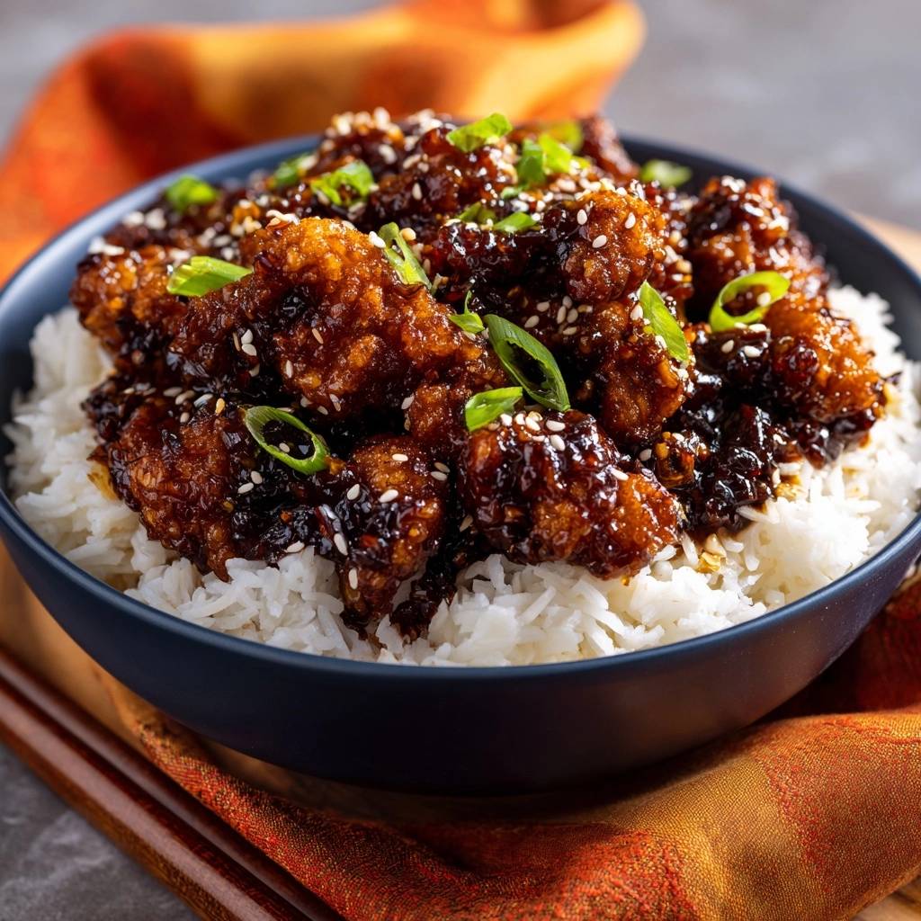 Crispy sesame chicken bowls with a glossy glaze, sprinkled with sesame seeds and green onions, served over white rice.