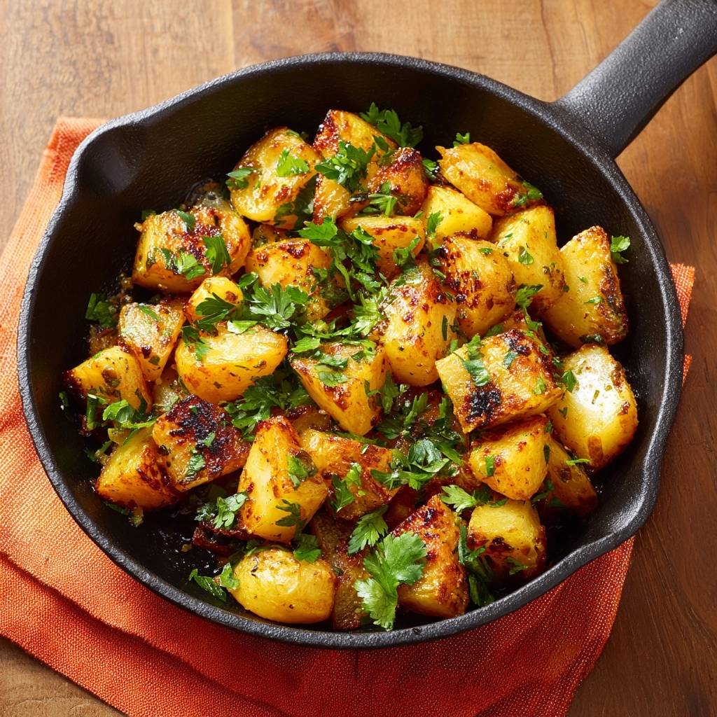 Crispy skillet breakfast potatoes in a cast iron pan, garnished with fresh parsley, viewed from above.