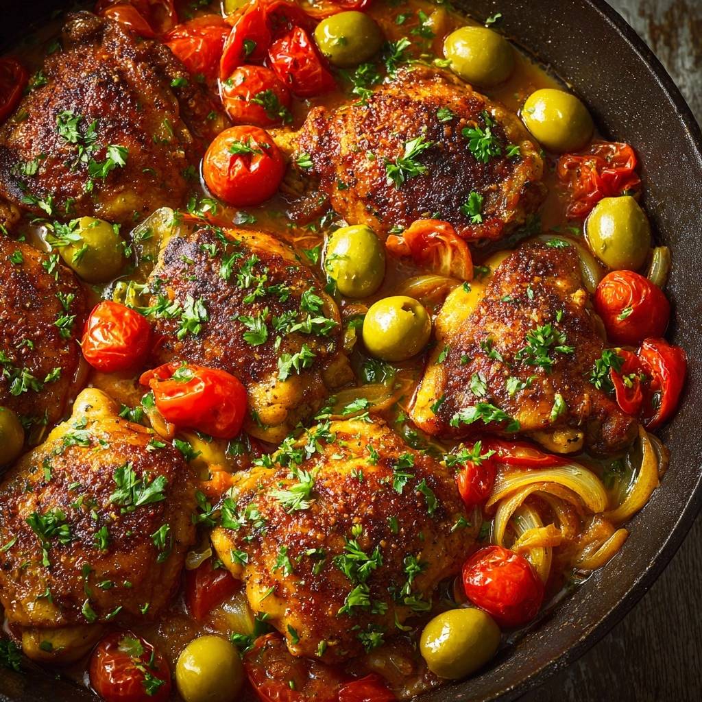 Crispy skillet chicken thighs with tomatoes and olives shown in a close-up overhead view in a pan.