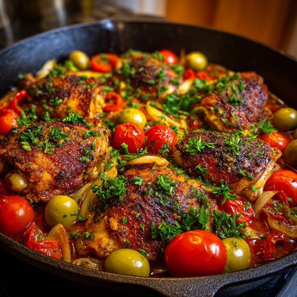 Crispy skillet chicken thighs with tomatoes and olives served in a cast-iron pan, presented in an overhead view.