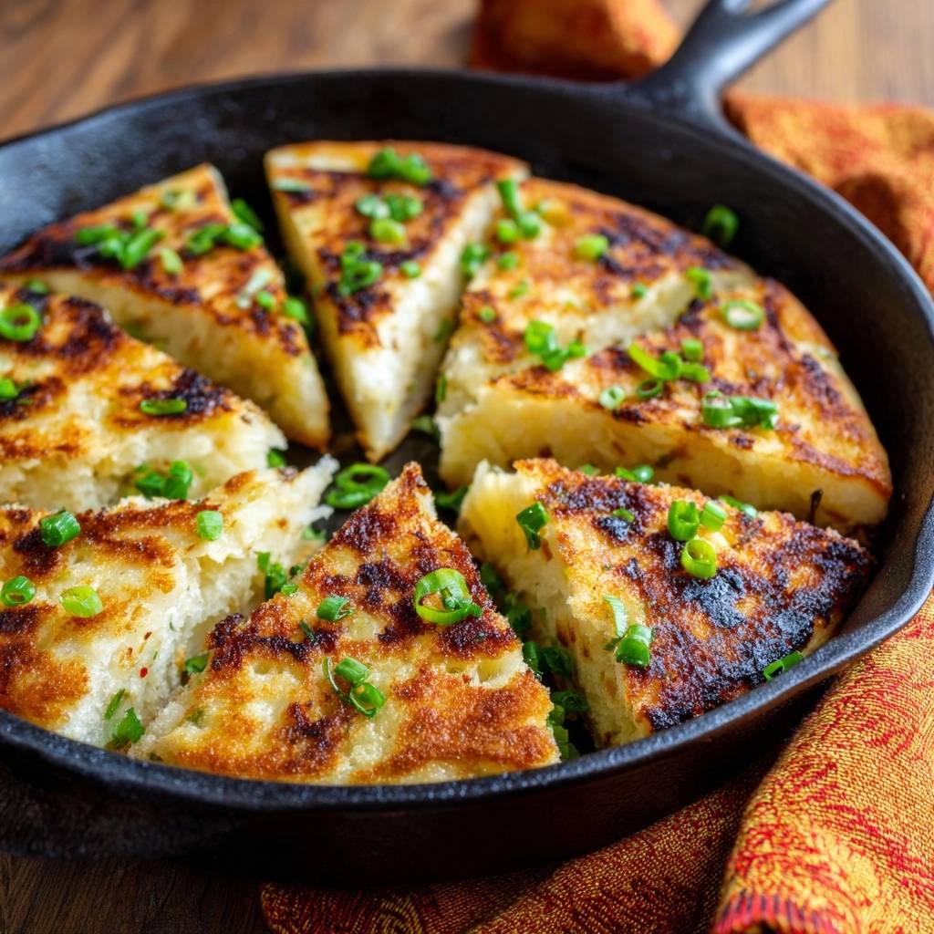 Crispy skillet potato cake sliced into wedges and served in a cast iron pan with fresh green onion garnish.