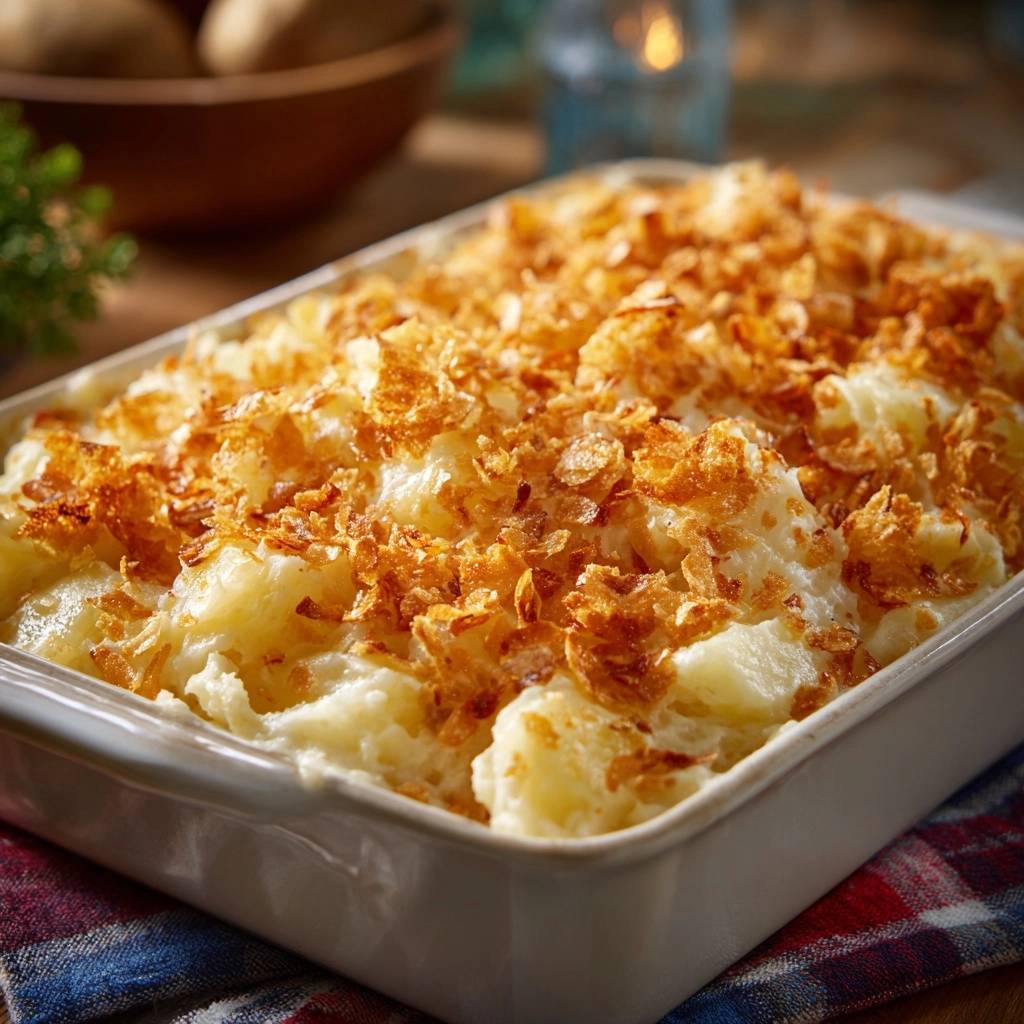 Crispy topped funeral potatoes with a golden fried onion topping, served in a white baking dish.