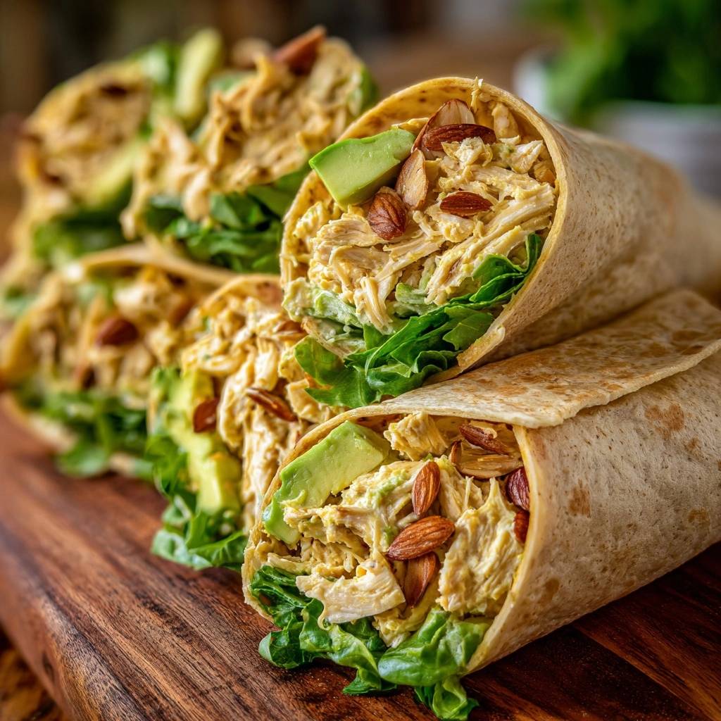 Curried chicken avocado wraps shown in a close-up cross-section, revealing fresh lettuce, creamy avocado, and crunchy almonds.
