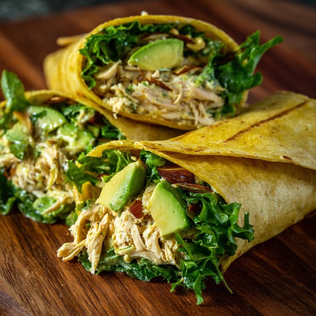 Curried chicken avocado wraps shown in a close-up cross-section revealing shredded chicken, avocado slices, and lettuce.