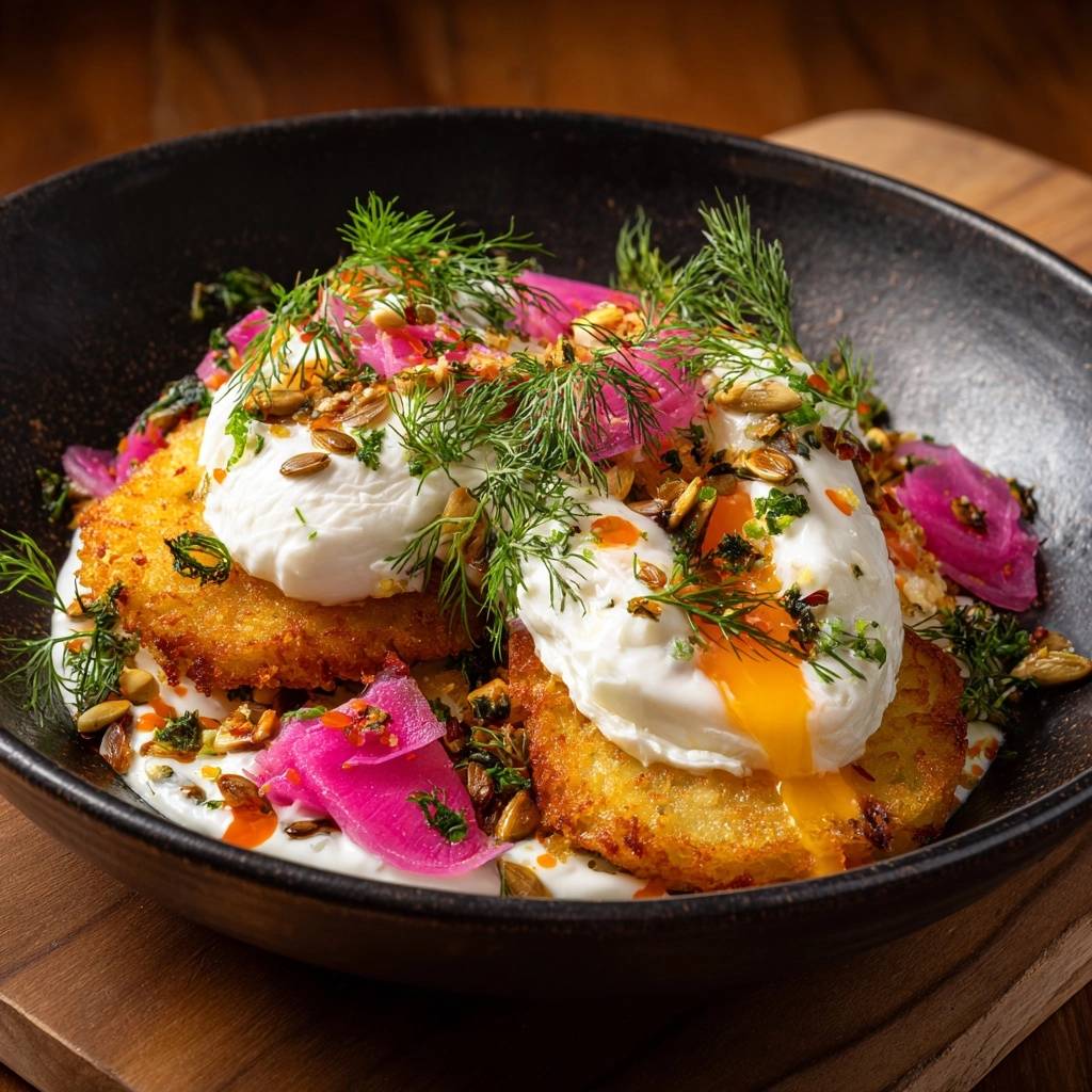 Crispy dill latke bowls with poached eggs, showing a runny yolk dripping onto the potato base and garnishes.