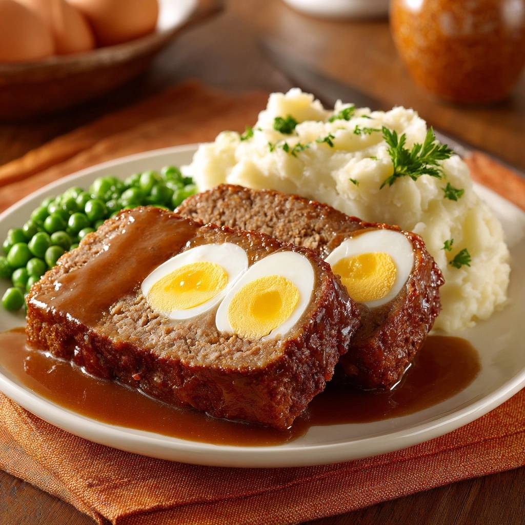 Egg-stuffed meatloaf with gravy, mash, and peas, showing a close-up cross-section with two hard-boiled eggs inside.
