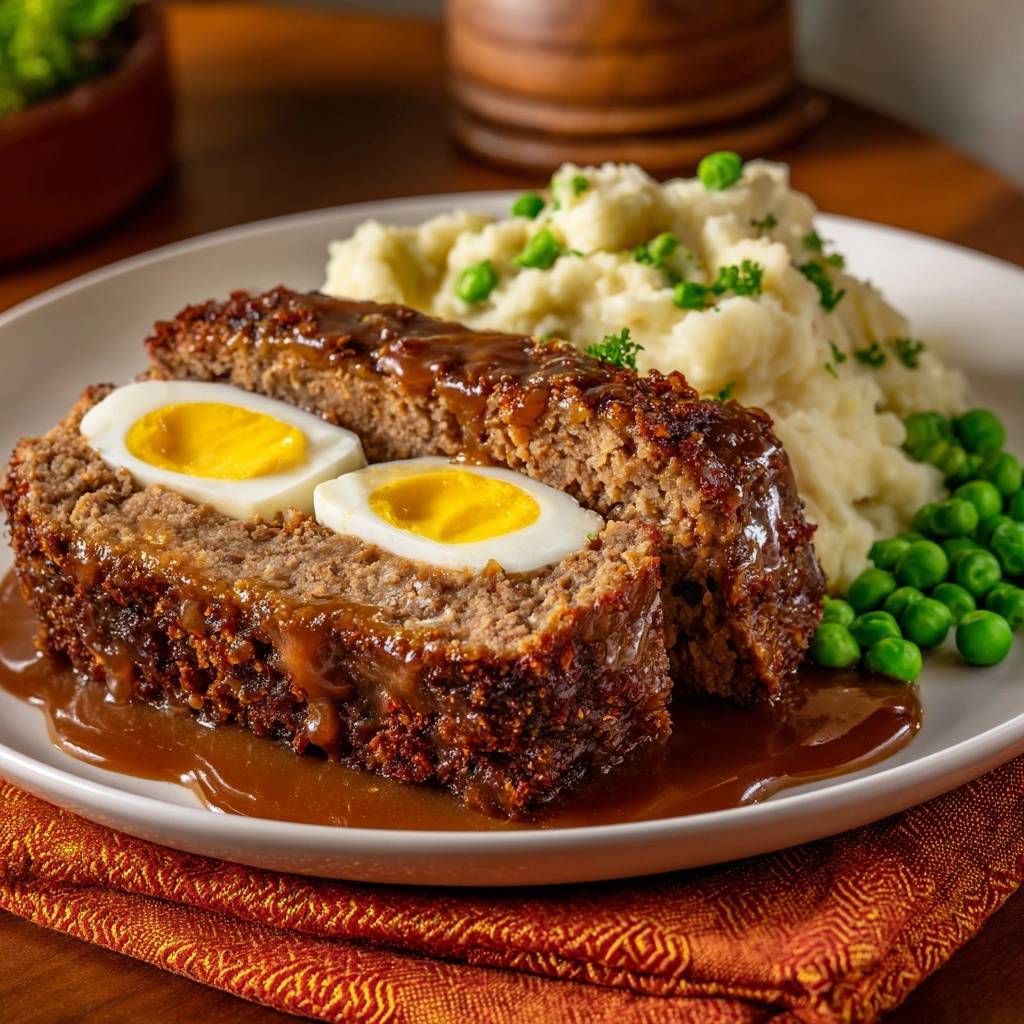Egg-stuffed meatloaf with gravy, mash, and peas, shown in a close-up cross-section revealing the hard-boiled egg interior.