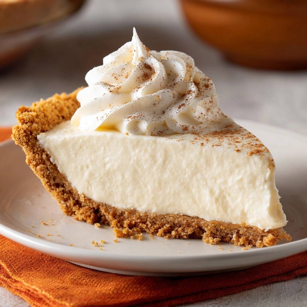 Creamy eggnog custard pie slice with whipped topping and cinnamon, showcasing a detailed cross-section.