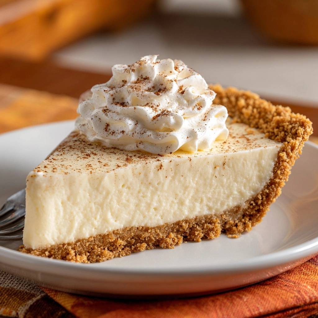 Creamy eggnog custard pie slice with whipped topping and cinnamon, showcasing its rich texture.