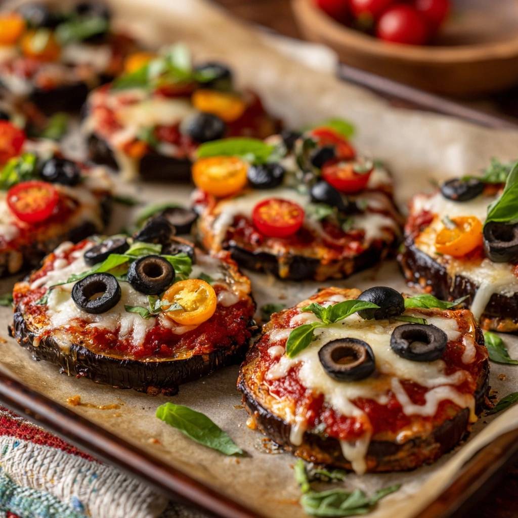 Eggplant pizzas baked on a tray, topped with melted cheese, marinara sauce, olives, and cherry tomatoes.