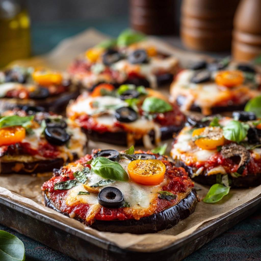 Eggplant pizzas, a crispy low-carb recipe, shown up close on a baking tray with melted cheese and fresh basil garnish.