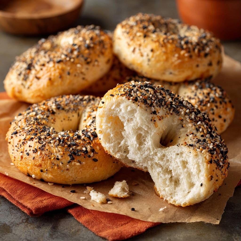 Homemade everything bagels with a detailed cross-section showing the fluffy interior and topping seeds.