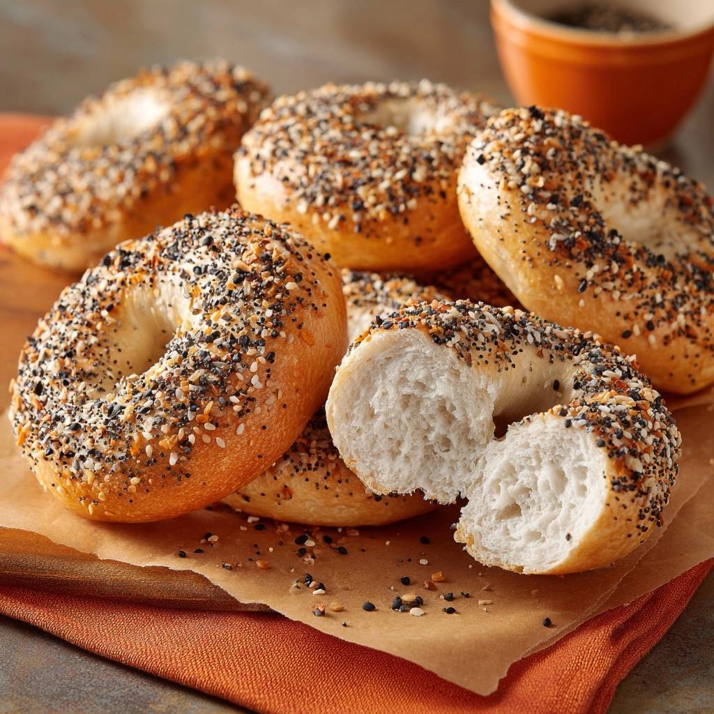 Homemade everything bagels with a close-up cross-section revealing their soft, airy interior.