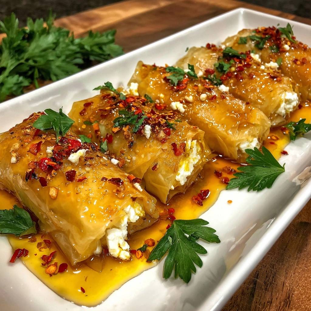 Feta phyllo rolls are drizzled with a golden glaze and topped with chili flakes and fresh parsley.