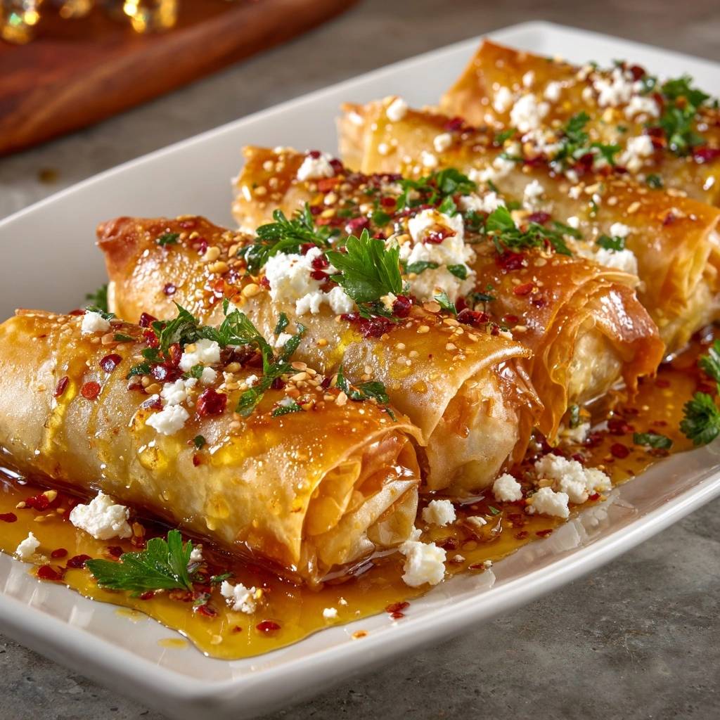 Crispy feta phyllo rolls plated and glistening with honey, garnished with feta and parsley.