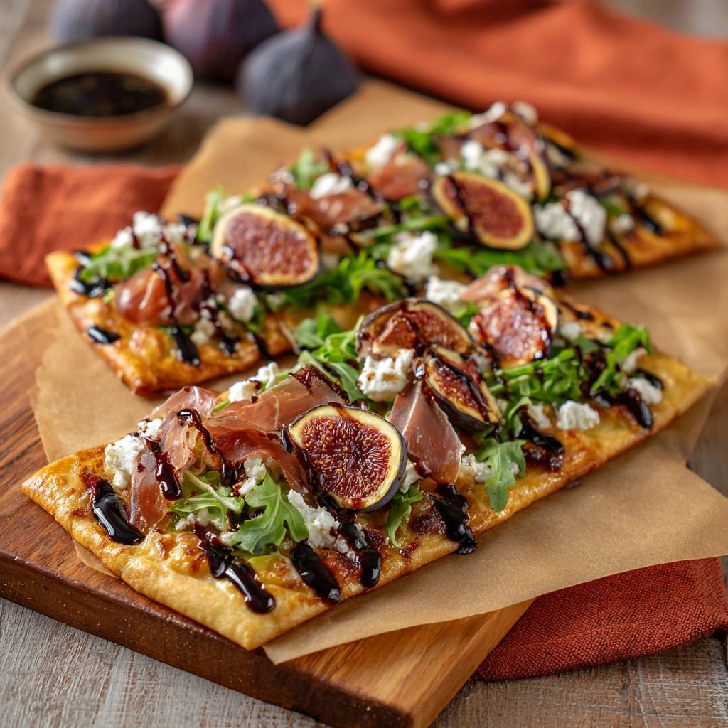 Fig prosciutto arugula flatbread drizzled with balsamic glaze and topped with fresh figs and goat cheese.