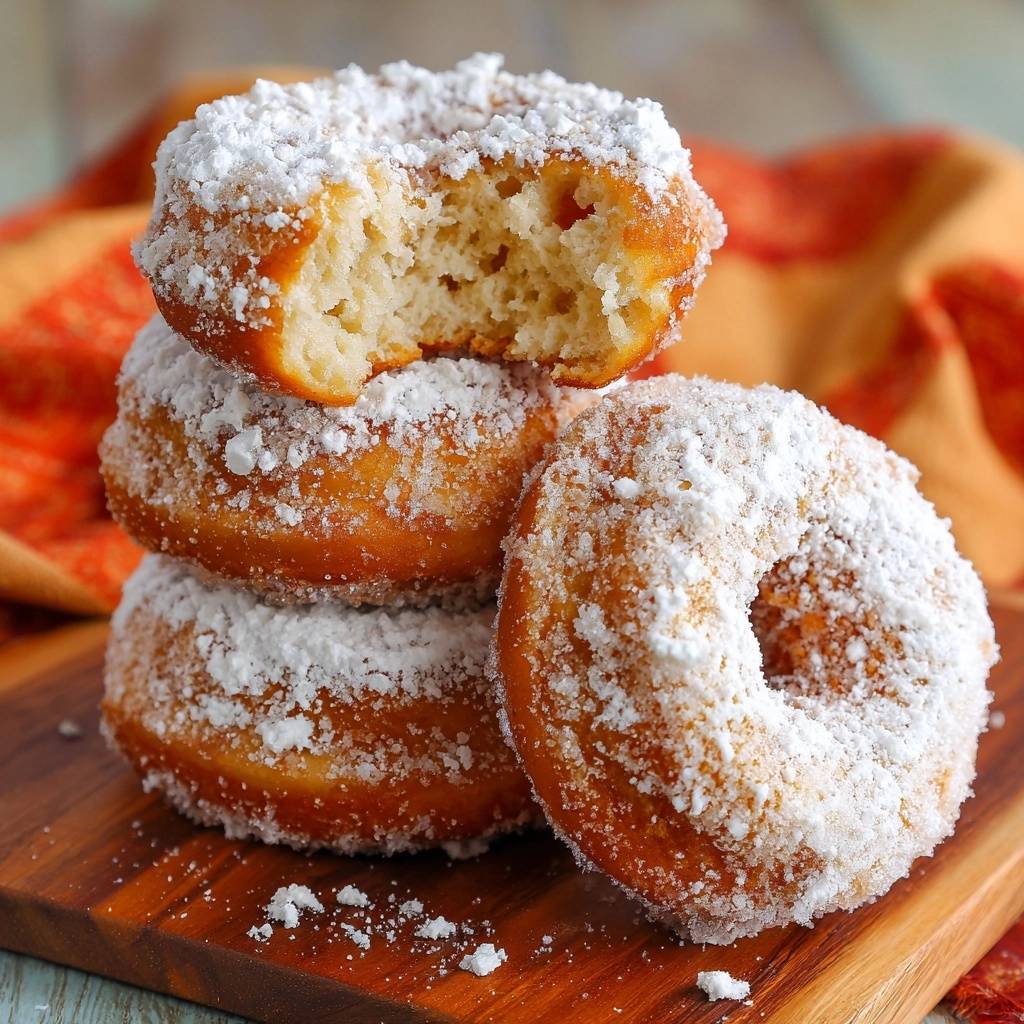 Fluffy powdered beignets stacked with a close-up cross-section revealing the light and airy interior.