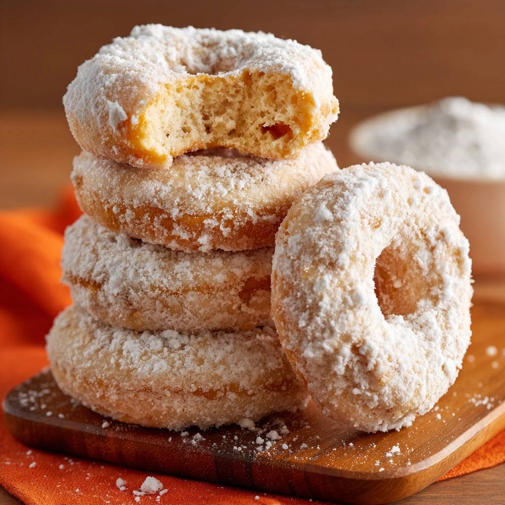 Fluffy powdered beignets stacked high, with the top one revealing a tempting bite taken out.