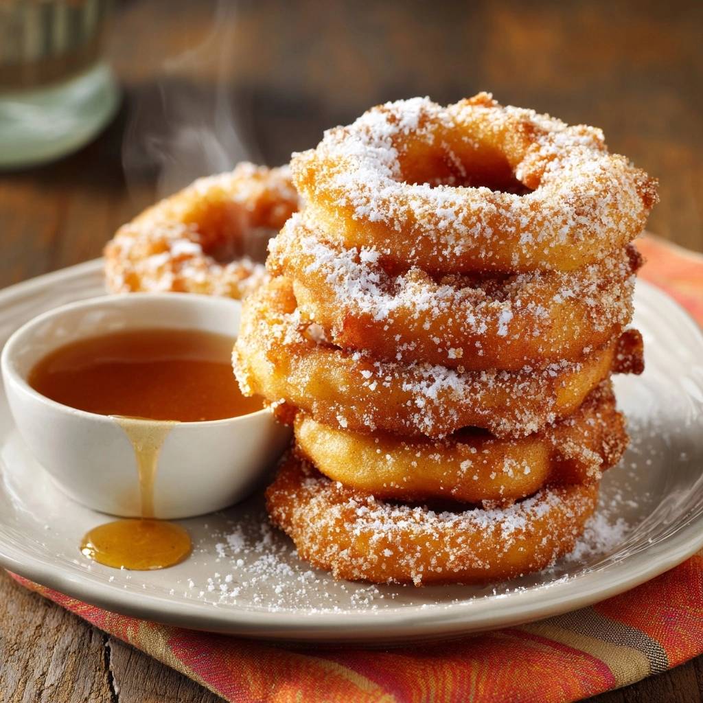 Fluffy powdered sugar donuts stacked high next to a small bowl of dipping sauce.