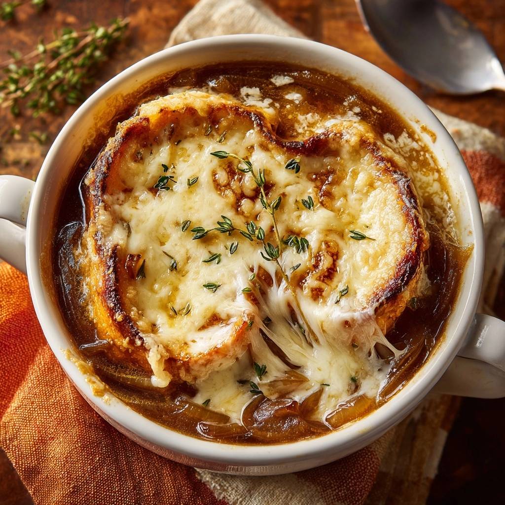 French onion soup with a close-up view of bubbling, melted cheese topping a crouton.