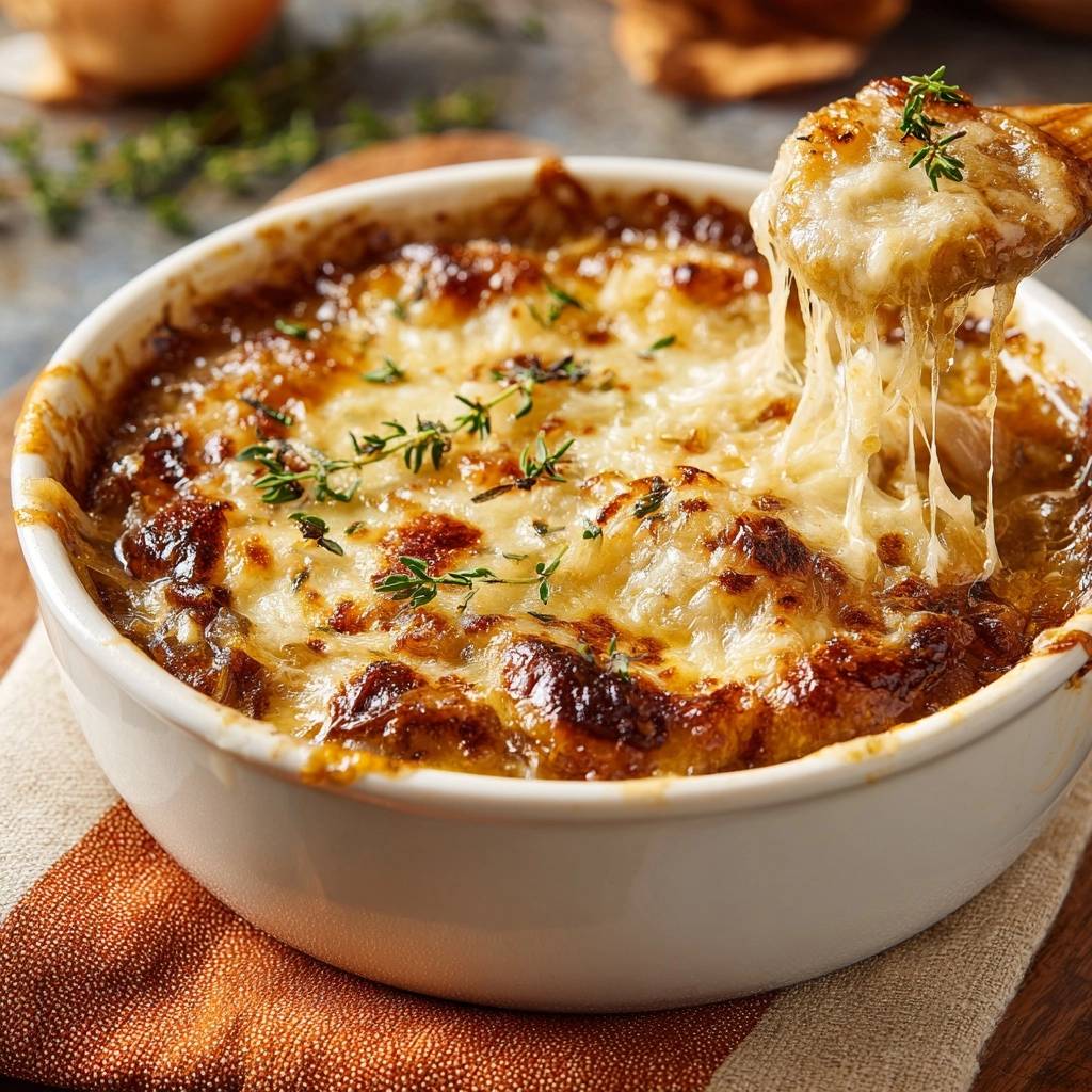 French onion soup with a thick, gooey cheese melt being lifted by a wooden spoon, garnished with thyme.