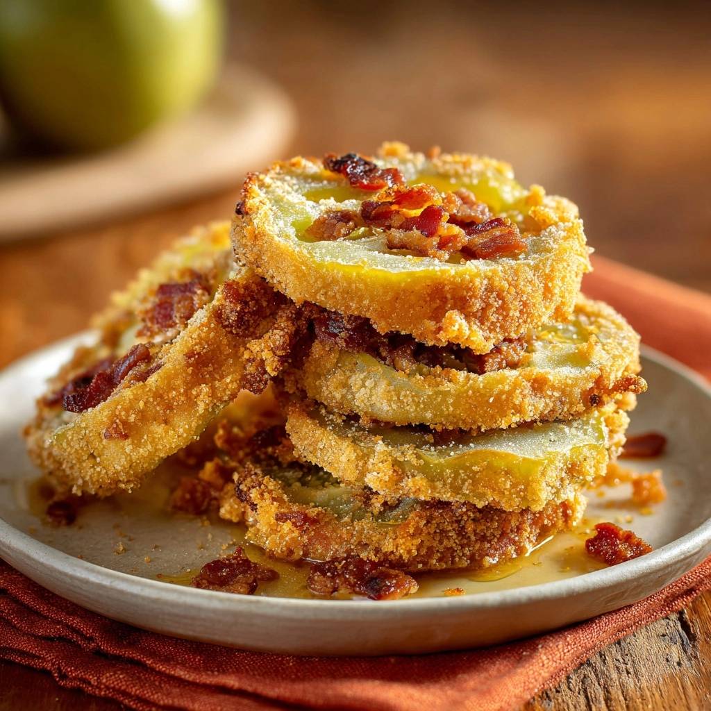 Crispy fried green tomatoes with bacon and honey stacked on a plate, showing a close-up view of the texture.