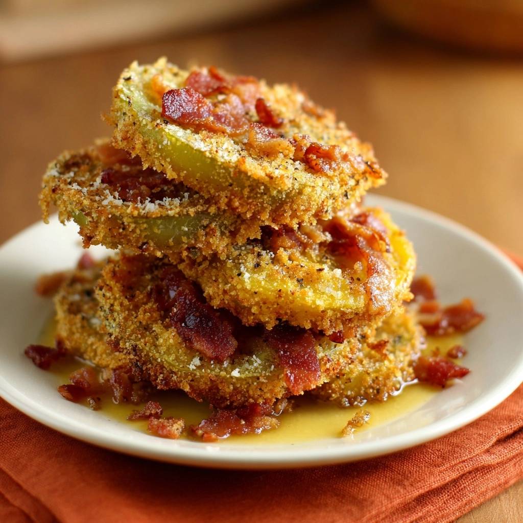 Crispy fried green tomatoes with bacon and honey stacked on a white plate, showing a close-up detail of the texture and toppings.