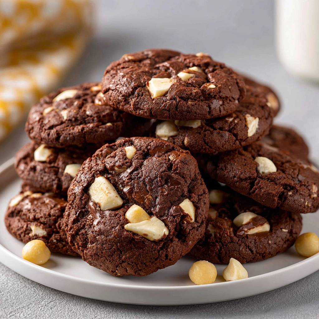 Fudgy chocolate macadamia white chip cookies stacked closely on a white plate, showcasing their rich texture and white chocolate chunks.