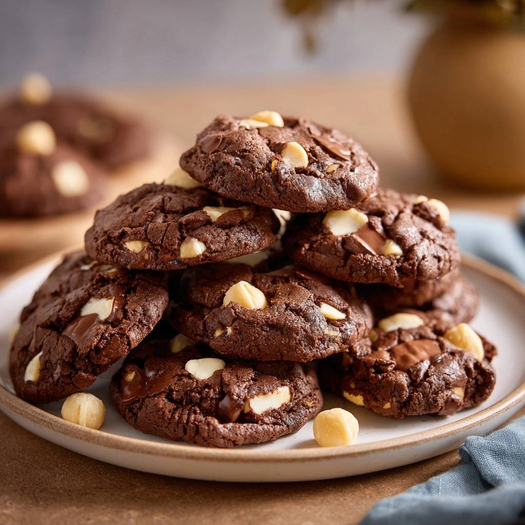 Fudgy chocolate macadamia white chip cookies are stacked in a pile on a light-colored plate with some cookies scattered around.