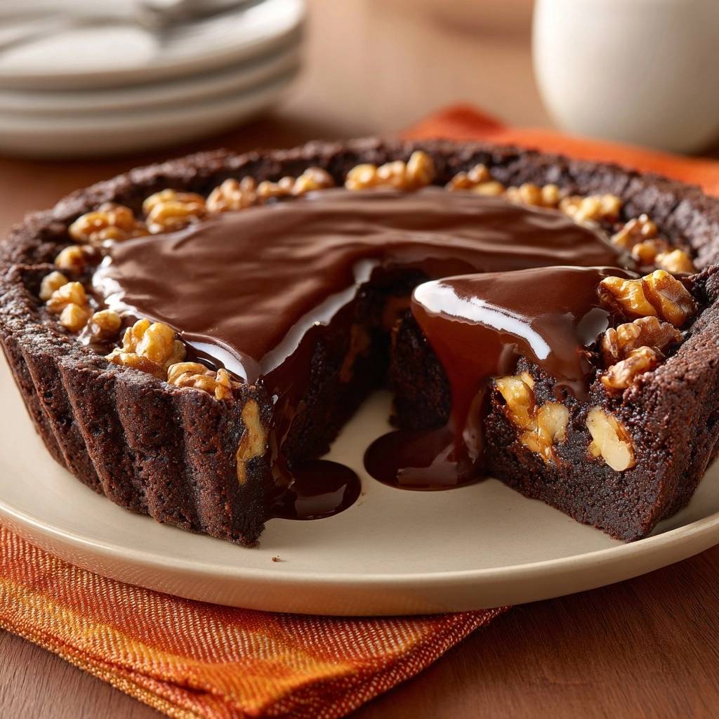 Fudgy chocolate walnut brownies with a rich chocolate glaze dripping over a cut slice.
