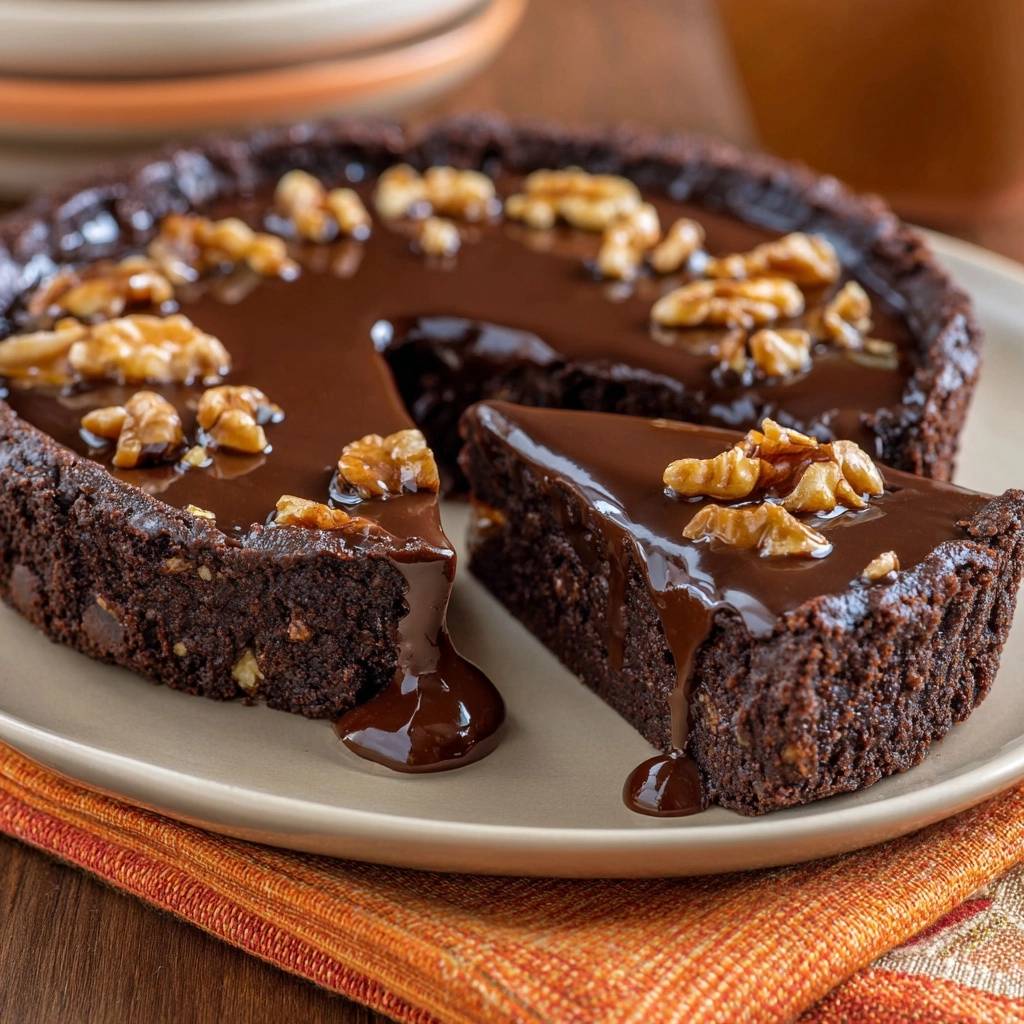 Fudgy chocolate walnut brownies recipe, featuring a slice with rich chocolate glaze and walnuts.