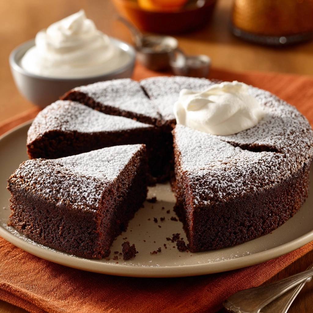 Fudgy flourless chocolate cake sliced and dusted with powdered sugar, topped with whipped cream.