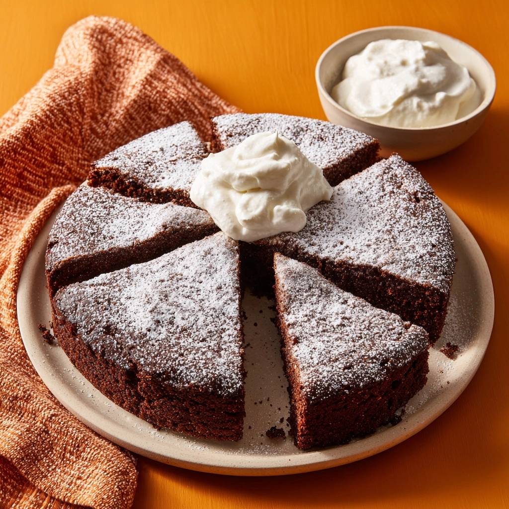Fudgy flourless chocolate cake recipe sliced and topped with whipped cream, served with a side of whipped cream.