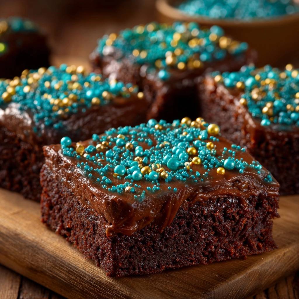Fudgy frosted brownies with a close-up view of turquoise and gold sprinkles on chocolate frosting.