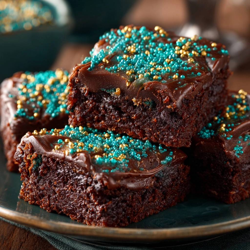 Fudgy frosted brownies with a close-up view of teal and gold sprinkles on the chocolate frosting.